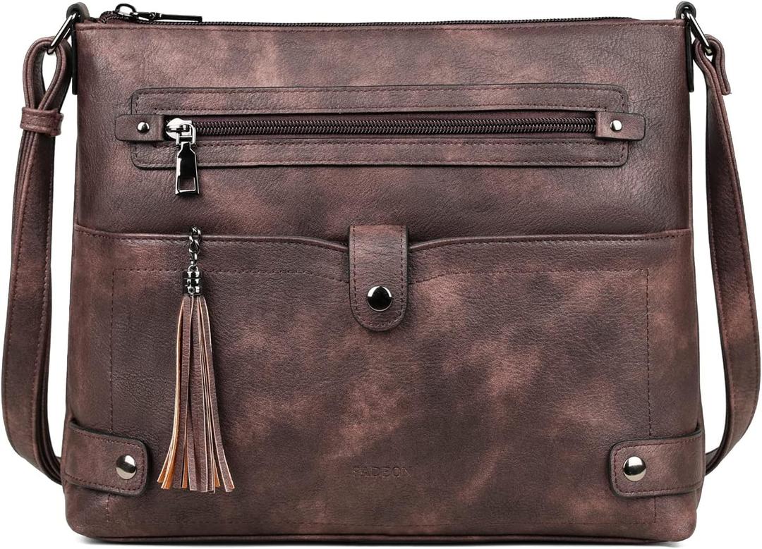 FADEON Large Crossbody Purses for Women Crossbody Bag, Designer Leather Cross Body Purses Multi Pocket Shoulder Bag (Coffee Brown Retro Style)