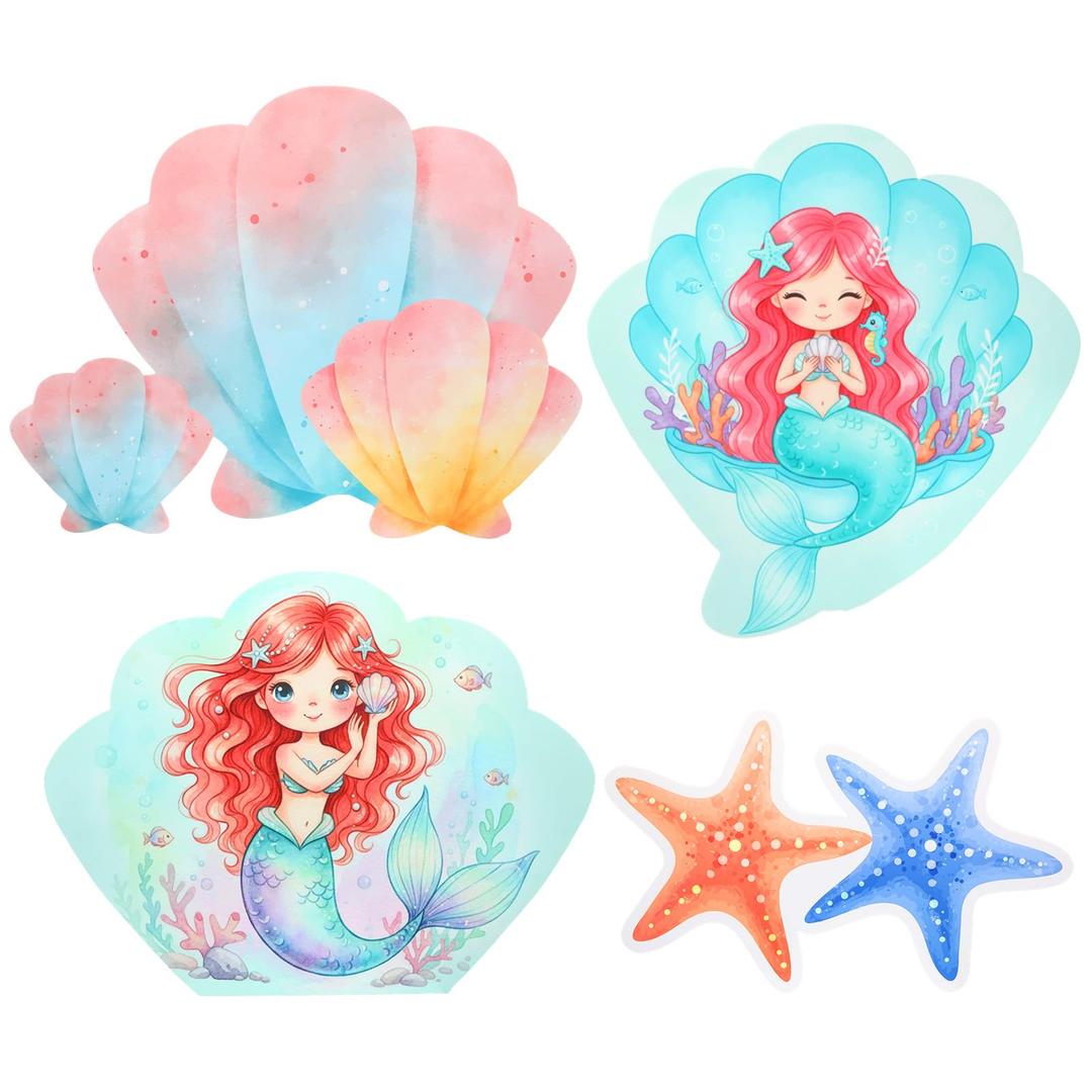 Honoson 4 Pcs Large 30" Small Mermaid Princess Birthday Cardboard Cutouts Standup, Ocean Shell Starfish Photo Backdrop Props for Princess Theme Mermaid Party Decorations