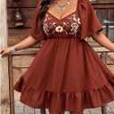 Verdusa Women's Plus Size Western Boho Floral Dress Cowgirl Country Concert Vacation Outfits Flowy Summer Dresses (Brown, XL)