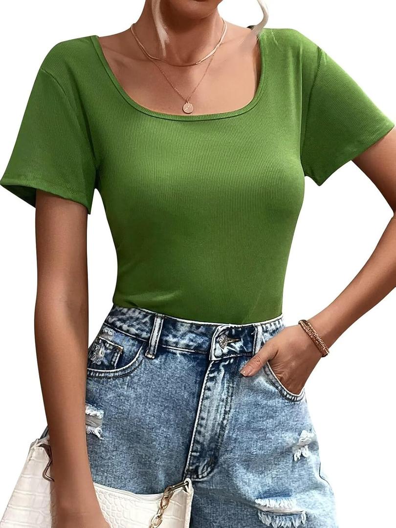 Womens T Shirt Short Sleeve Tshirt Ribbed Basic Tops Tee (Green, L)