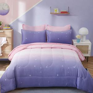 Dinjoy Girls Comforter Set Queen Size 7 Pieces Bed in A Bag Ombre Pink Purple Rainbow Bedding Set Collections for Teen Women (1 Comforter, 1 Flat Sheet, 1 Fitted Sheet, 2 Pillow Shams, 2 Pillowcases)
