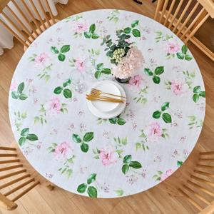 LIBERECOO Round Fitted Tablecloth with Elastic, Flannel Backed Vinyl Tablecloths for 56" Tables, Waterproof Wipeable Reusable Plastic Table Cloth for Indoor & Outdoor, Enchanted Rose Garden