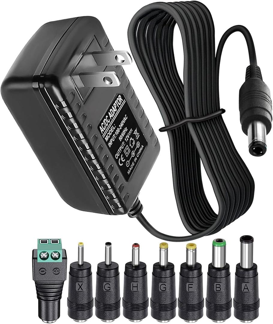 12V 2A 1A Power Supply AC Adapter with 8 Tips, Regulated 12 Volts 2000mA Replacement Charger Cord Cable for LED Strip Light, CCTV Camera, BT Speaker, GPS, Webcam, Router, DC 12V Converter (6ft)
