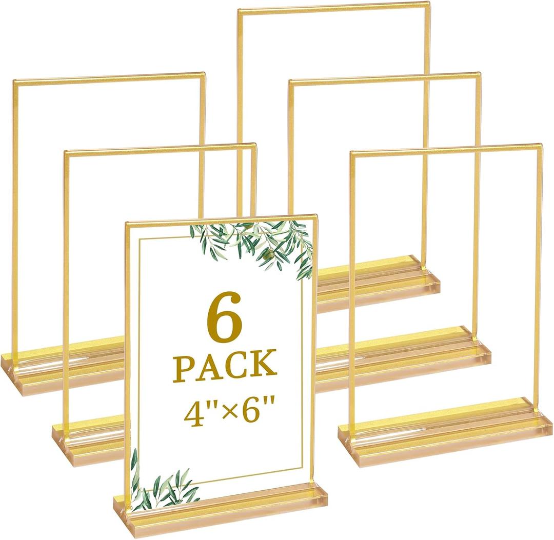 Floroom 6 Pack 4x6 Inch Clear Acrylic Sign Holders, Double-Sided Gold Display Stand Picture Frames for Table Numbers, Menus, Flyers, Weddings, and Offices