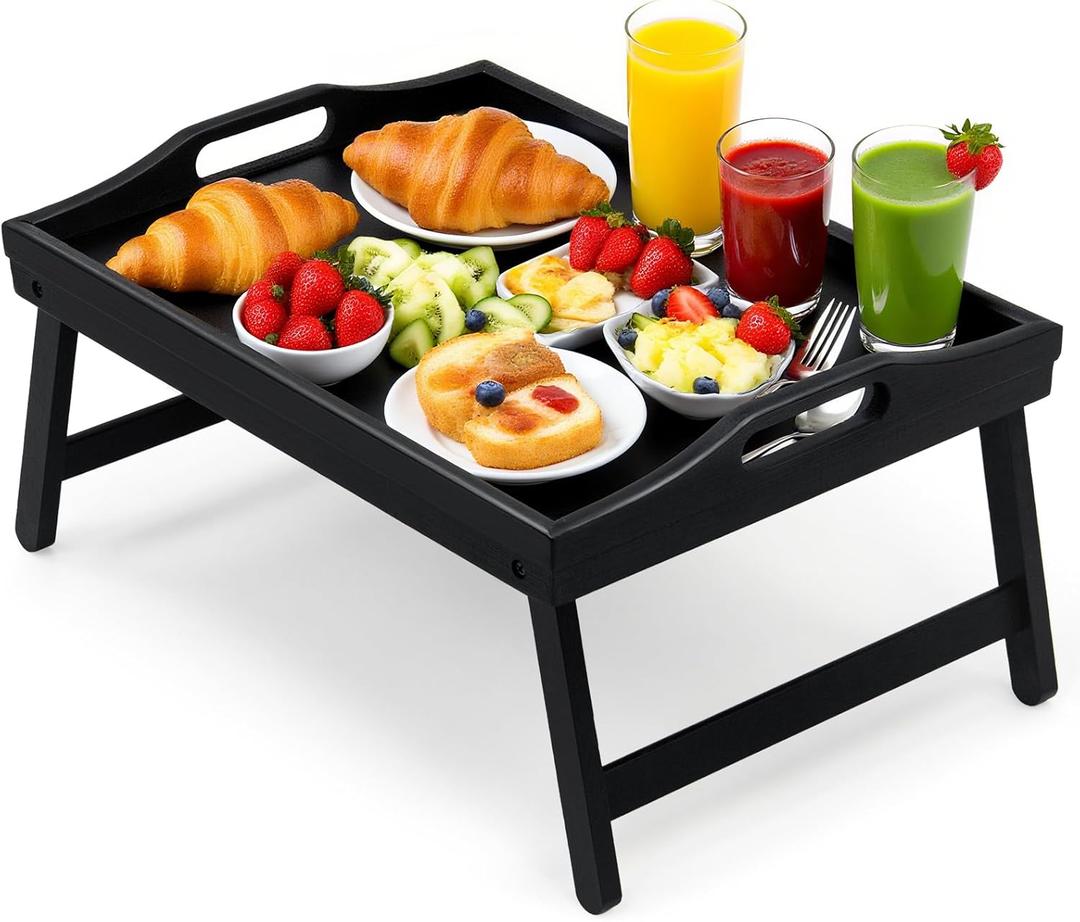 Bamboo Breakfast Tray Table with Folding Legs for Bed Table Sofa - Eating & Laptop Tray Bamboo with Folding Legs (Black) (19.9" x 12.3" x 8.3")