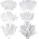 Moucuny 75 Pcs Christmas Glitter Picks Artificial Christmas Tree Picks and Sprays for Tree 5 Styles Berries Stems Cedar Bay Leaves Fern Pine Branches for Vase Fillers Wreath Garland(White)