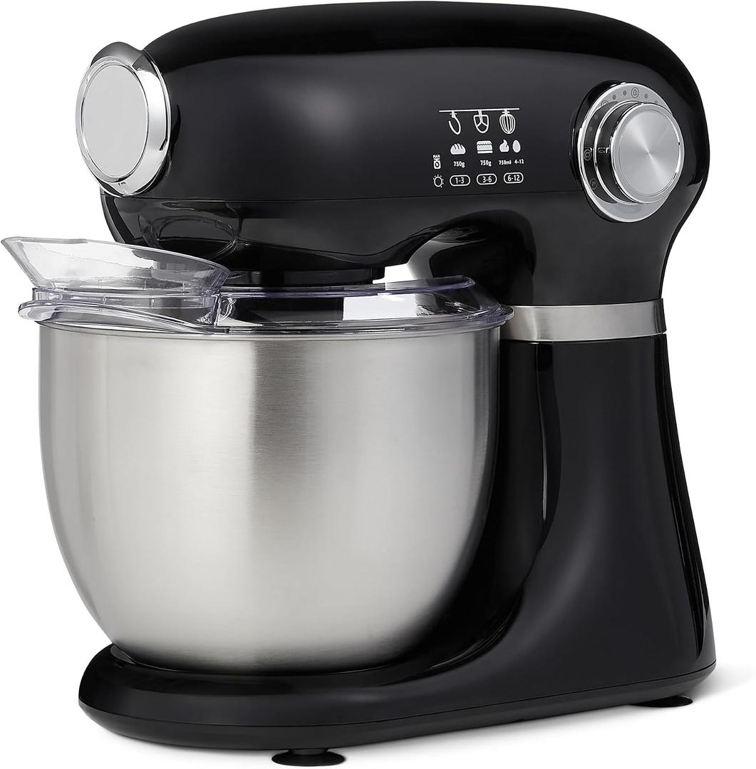Amazon Basics Tilt-Head Stand Mixer with 5.3Qt Bowl, Dough Hook, Beater and Whisk, 12 Speeds, 350W, Black