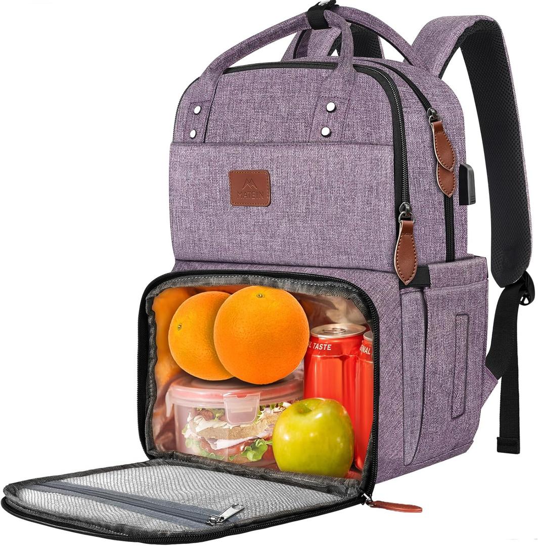MATEIN Laptop Backpack with Lunch Box, Insulated Women Backpacks with Cooler Compartment, 15.6 inch Water Resistent Tote Food Bag with USB Charging Port for College Beach Camping Picnics Hiking (Purple)