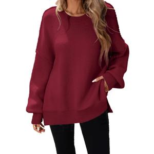 SunnyMelody Womens Oversized Batwing Sweater Fall 2025 Crew Neck Pullover Knit Tops - Outside Seam, High-Low Hem, Side Slit (X-Large, Ancora Red)