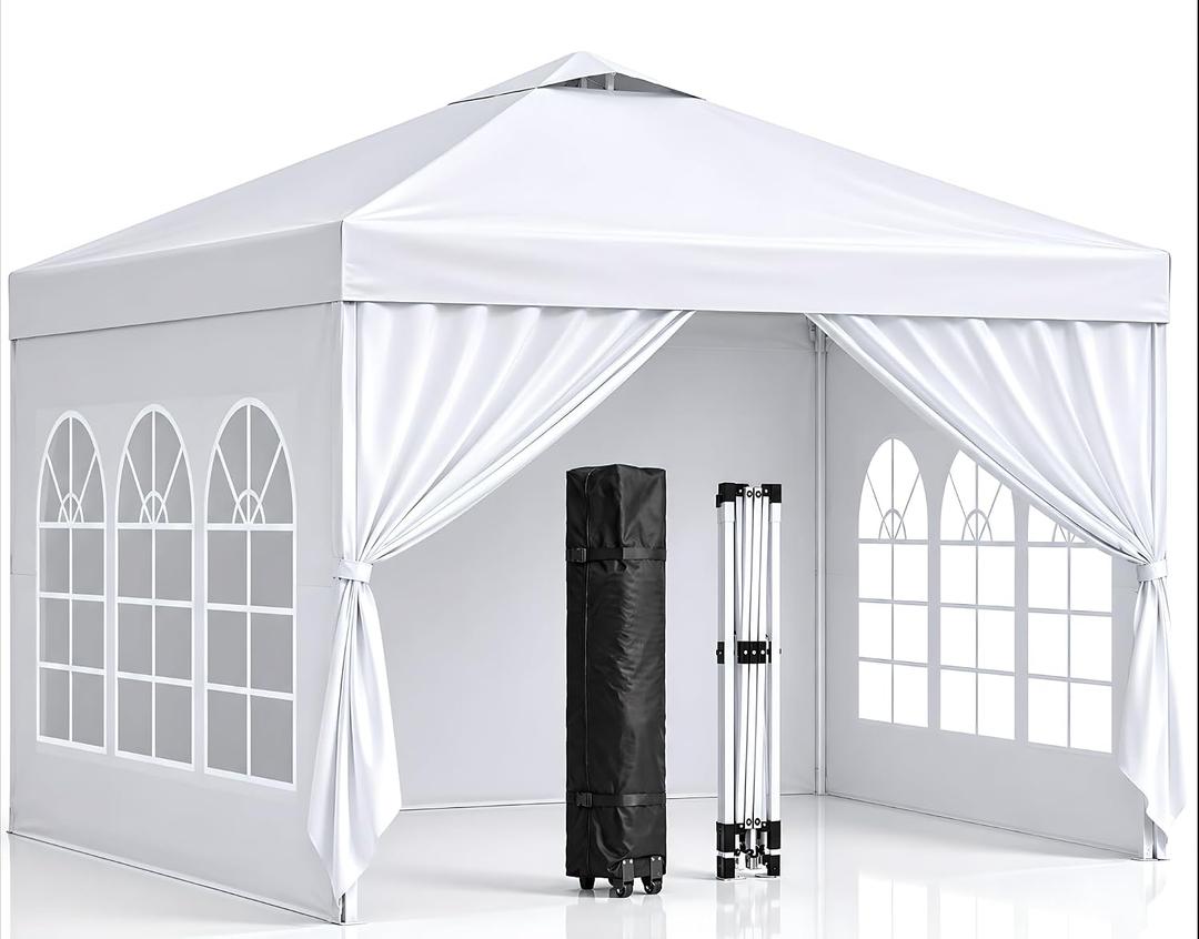 10x10 Pop Up Canopy with Sidewalls- Portable Sun Shade Beach Tent, Gazebo Heavy Duty with Cover Wheeled Bag, Ideal for Parties, Backyard, Camping (White)