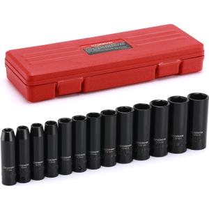 CASOMAN 13 Pieces 3/8-Inch Drive Impact Socket Set, 6-Point, Metric, Deep, CR-V, 7mm to 19mm, Heavy Duty Blow Molded Storage Case