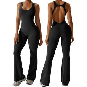 OEAK Womens Flare Jumpsuit with Bra Tummy Control Cutout Romper Workout Outfit Sleeveless Unitard One Piece Backless Bodysuit (Medium, Black)