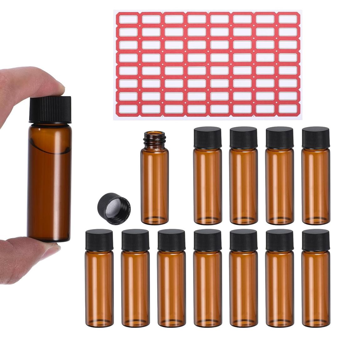 PATIKIL 15ml Amber Glass Vials, 12 Pack Sample Vials with Screw Cap and Write-on Spot Reagent Media Bottle with Labels Leak-Proof Liquid Vial for Lab (Brown)