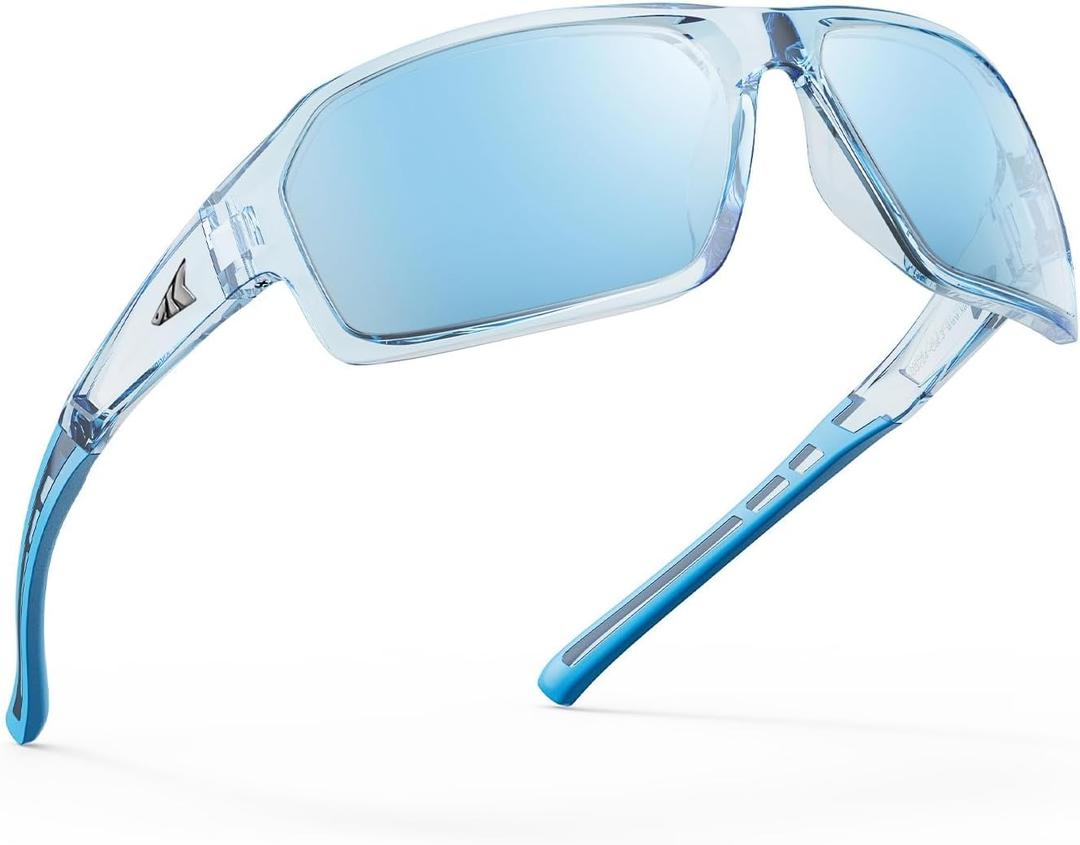 KastKing Chippewa Polarized Fishing Sunglasses, UV400 Protection Full Wrap Frame Sports Cycling Sunglasses, 1.0mm TAC Lenses (D: Gloss Tal Light Blue Frame, Ice Blue Mirror)