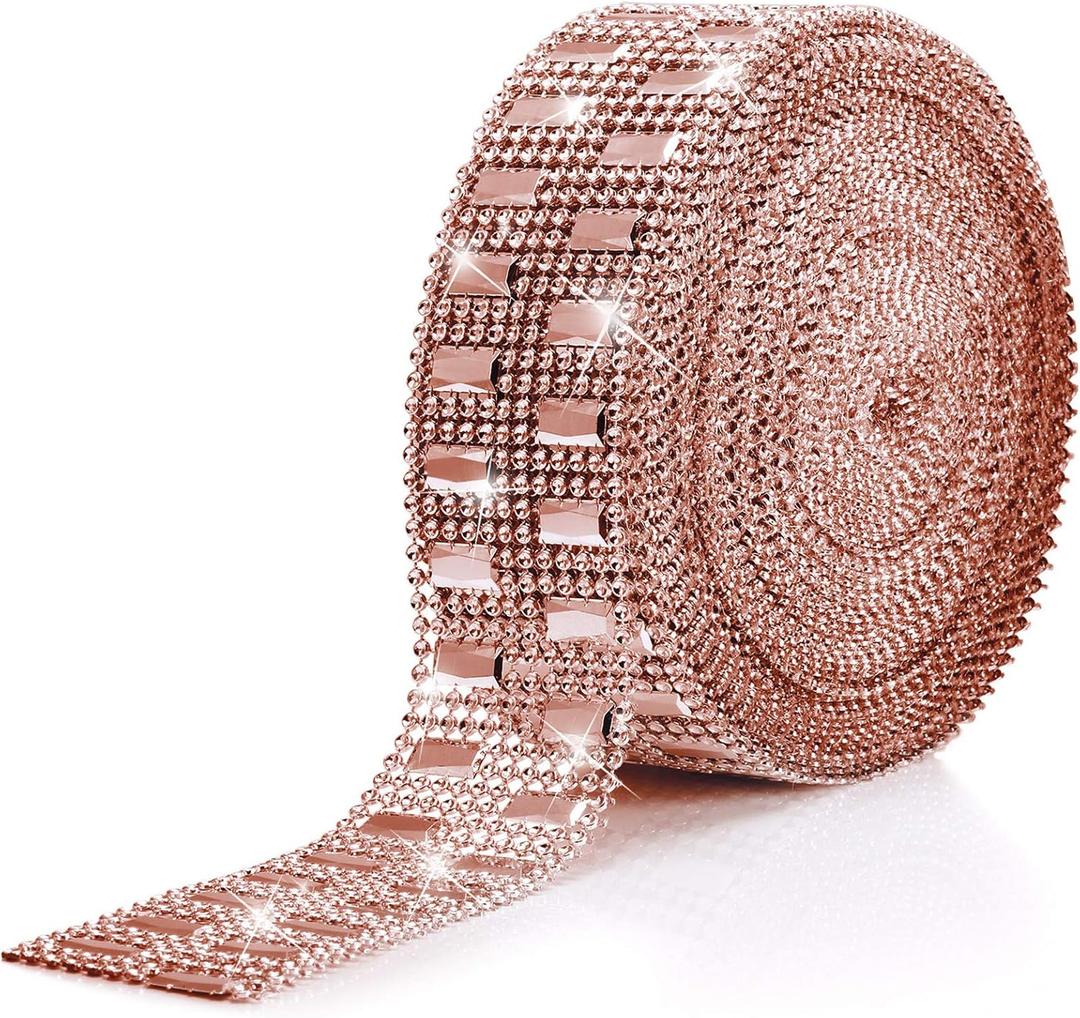 WILLBOND 10 Yards Rhinestone Ribbon for Crafts Rhinestone Diamond Ribbon Bling Wrap Sparkling Rhinestones Chain Trim Craft Art for Christmas DIY Jewelry Wedding Cake Clothe Decor(2 Row,Rose Gold)