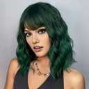 AGO Short Bob Wig with Bangs Dark Green Loose Wave Wigs Shoulder Length 14Inch for Women Colorful Costume Wig Heat Resistant Fiber Hair for Daily Party Halloween Cosplay Use(4/610#DarkGreen)