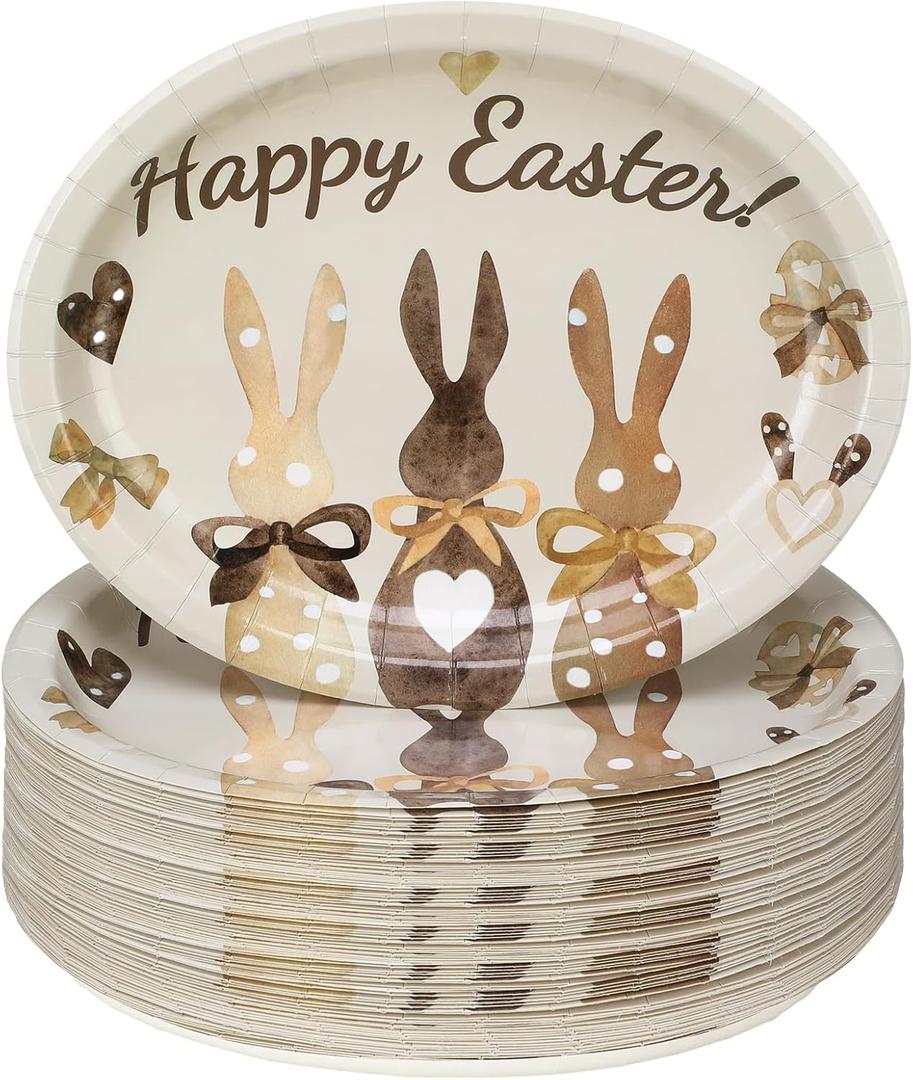 Nitial 100 Count Easter Paper Plates Bulk Oval Disposable Platter 11 x 9 Disposable Religious Easter Plate Serving Dish for Candy Cookie Dessert Holiday Party Supplies(Bunny)
