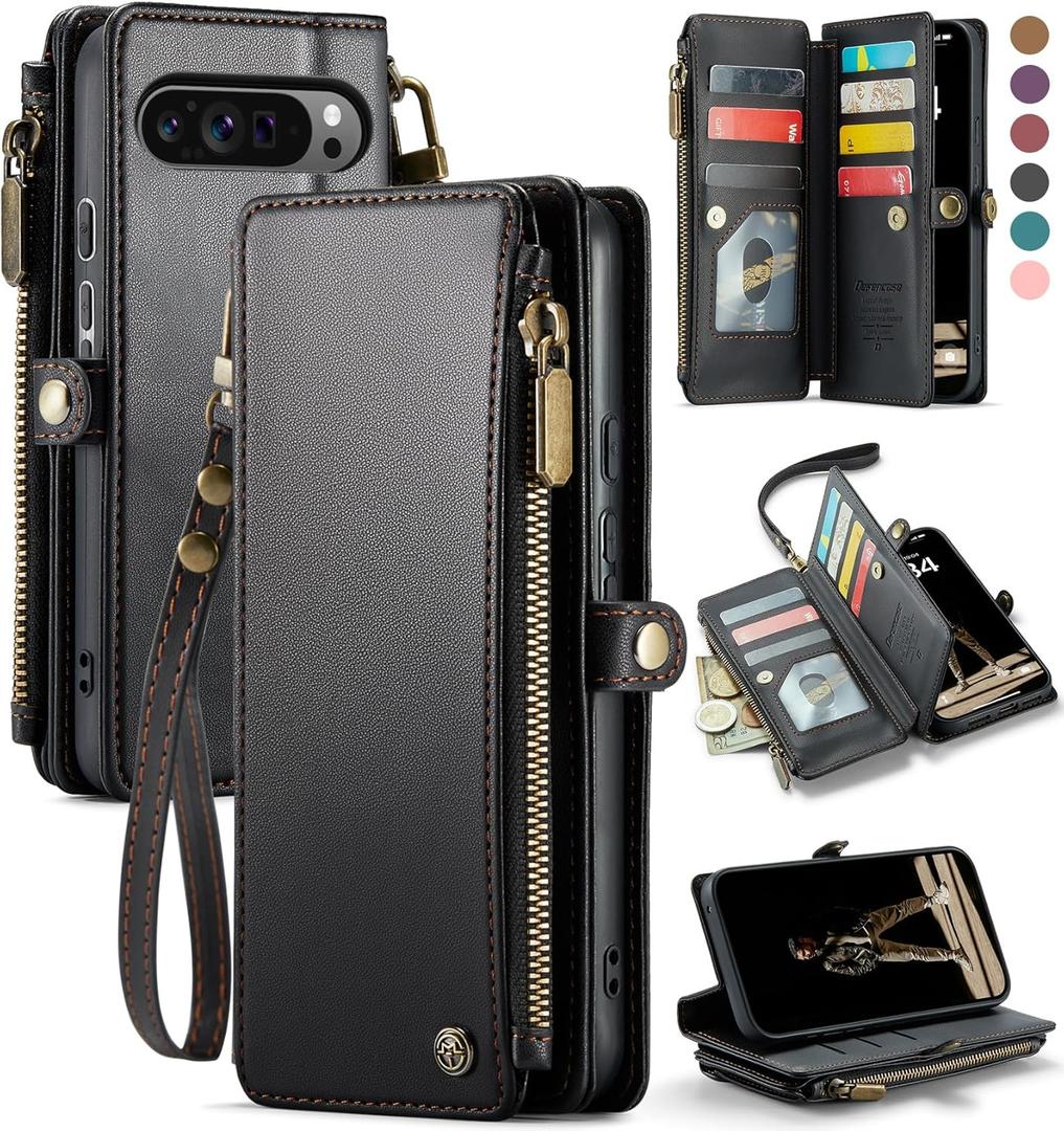 Defencase for Google Pixel 10 Pro XL Case, RFID Blocking Wallet Case for Pixel 10 Pro XL Soft PU Leather Magnetic Snap Flip Zipper Strap Card Holder Phone Cases for Women Men, Black