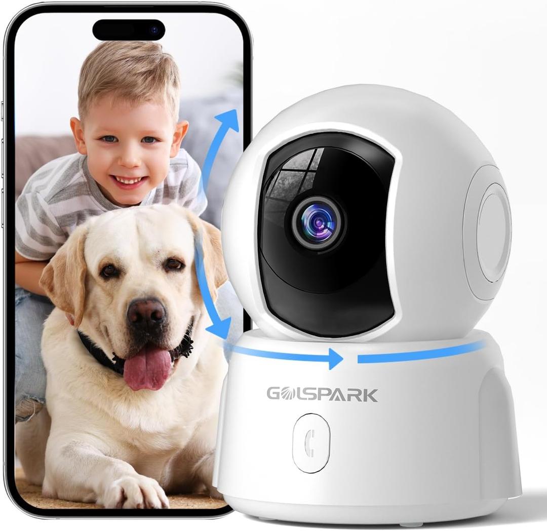GOLSPARK Indoor Security Camera 2K, Pet Camera for Home Security, Dog Cam Pan/Tilt, Motion Tracking, 2-Way Audio, Night Vision Baby Monitor, Siren Alert, 24/7 Cloud &SD Card Storage, 2.4GHz (White)