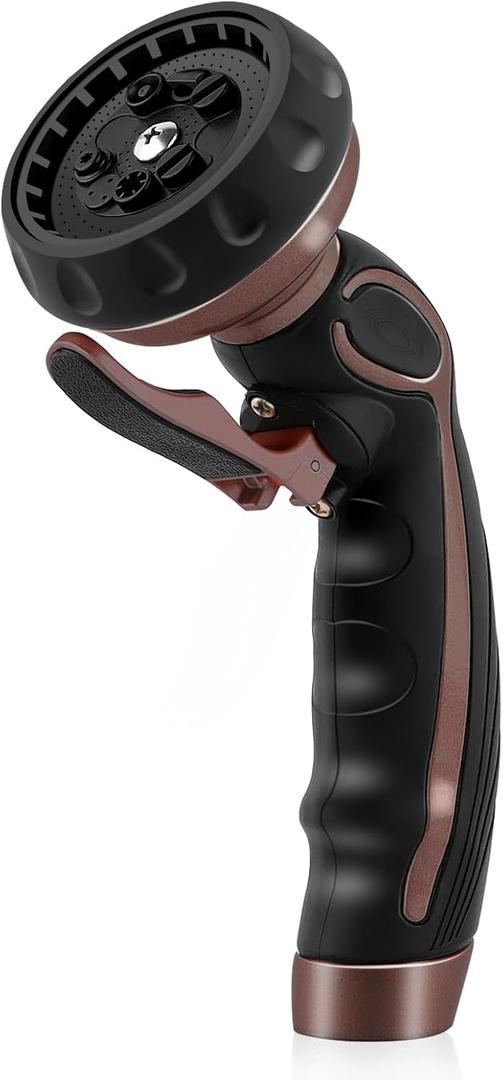 RESTMO Hose Nozzle with Easy Self-Lock Trigger, Heavy Duty Metal Water Hose Sprayer with 9 Spray Patterns and On/Off Valve, Ideal for Outdoor Lawn & Garden Watering, Car & Pet Washing, Oil Rubbed Bronze