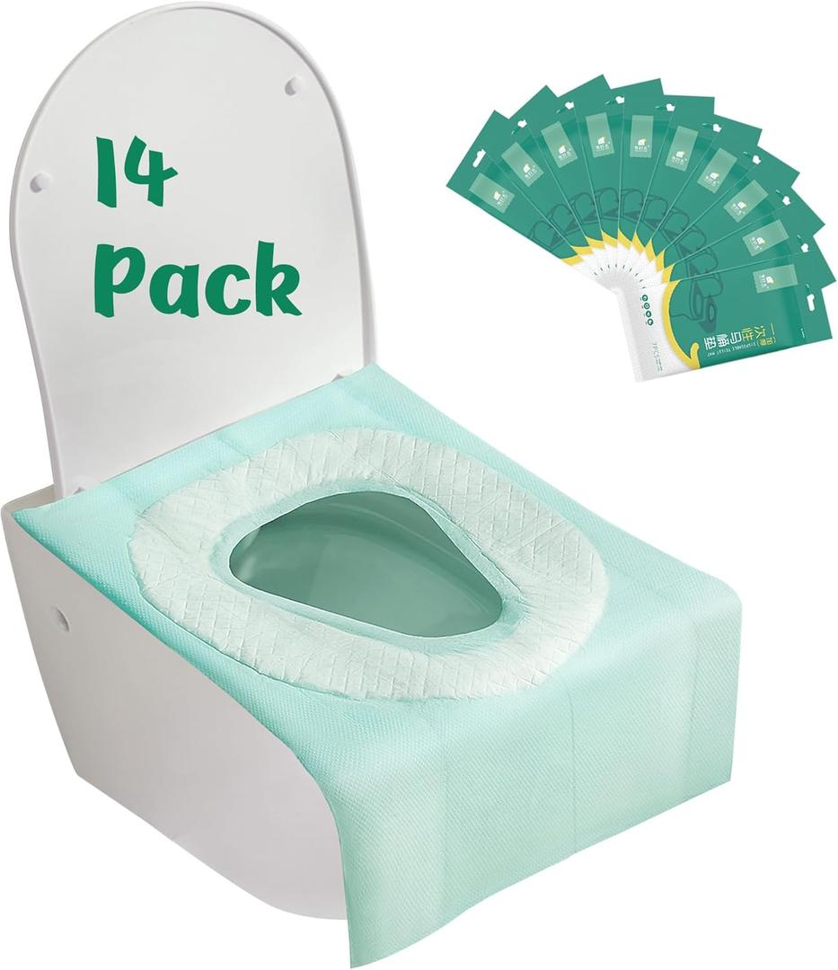 2 x Toilet Seat Covers Disposable for Toddlers & Adults,14 Pcs Keep Warm Extra Large Thickening Waterproof,Portable Package for Travel,Kids Potty Training (green&white)