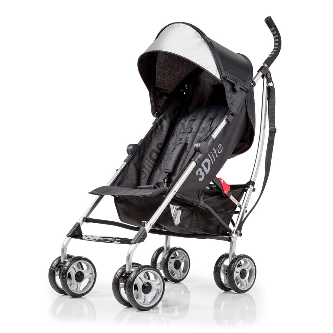 3Dlite Convenience Stroller, Black Lightweight Stroller with Aluminum Frame, Large Seat Area, 4 Position Recline, Extra Large Storage Basket Infant Stroller for Travel and More