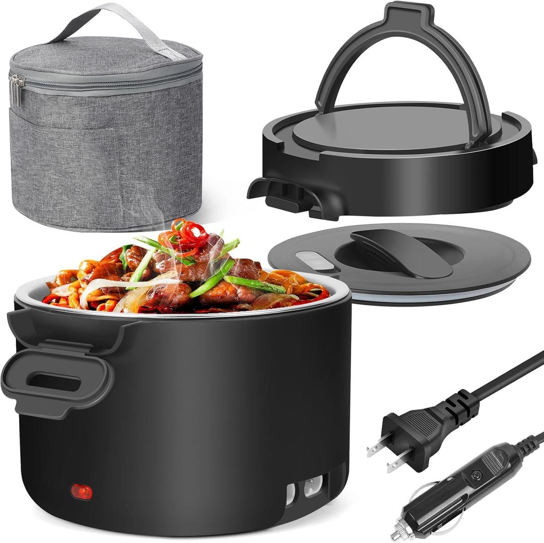 Electric Lunch Box for Men, 1L/34oz 100W Portable Food Warmer Leak-proof Food Heater for Adults 12V/24V/110V for Car/Truck/Office/On-the-Go Travel Black