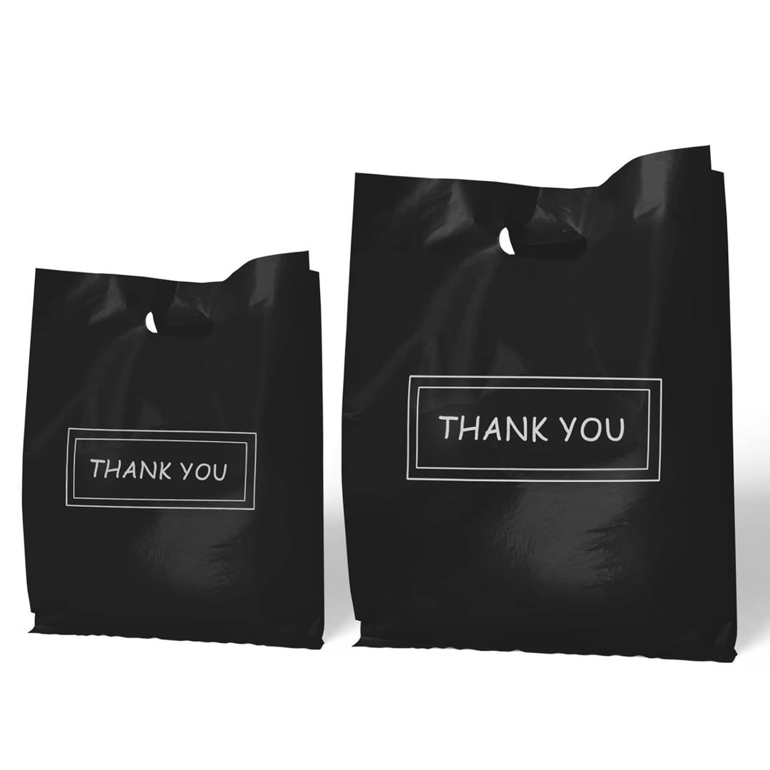 MelonArt Thank You Bags for Small Business, 200 Pcs Black Plastic Retail Bags Merchandise Bags with Handles Bulk Large Reusable Shopping Boutique Bags 8x12 and 12x15 for Stores Clothes Supplies (Black)
