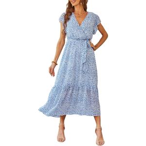 PRETTYGARDEN Women's Summer Floral Boho Dress Wrap V Neck Short Sleeve Ruffle A-Line Flowy Maxi Wedding Guest Dresses (Light Blue, Large)