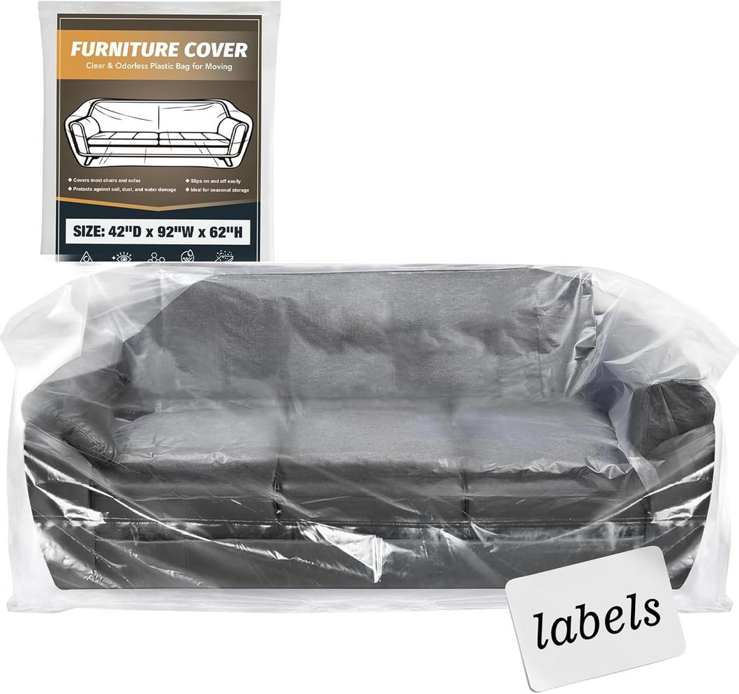 Moving Sofa Plastic Clear Couch Furniture Covers for Storage, Extra Large Moving Bags for Couch with Label, Waterproof and Dust Proof, Bag Open Size 92x 62 x 42 Inch