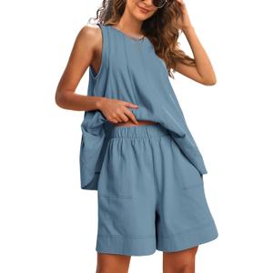 Gozoloma Womens 2 Piece Outfits Sleeveless Matching Sets A Line Tank Tops Contrast Stitching High Waist Shorts with Pockets (Blue, L)