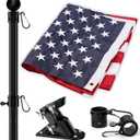 American Flag and Flag Pole for House Outside, 5ft Heavy Duty Flag Poles Kit with 3x5 Embroidered USA Flag, Tangle Free Steel Black Flag Pole with Bracket for Residential, Commercial, Outdoors Garden