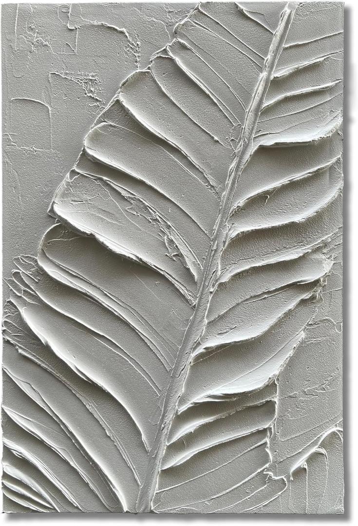 Art Hand-Painted Modern Minimalist Abstract Art Featuring White Leaf Texture - Oil Painting for Home Office Corridor Wall Decoration. 36x24 inches (Yi123)
