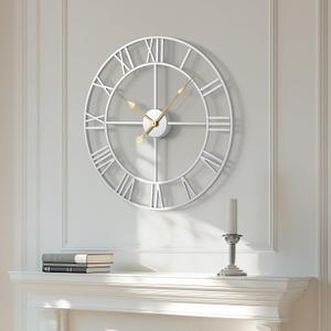 Cuspin 24 Inch Large Silver Wall Clock, Battery Operated Silent Non Ticking Metal Roman Numeral Decorative Wall Clock for Living Room, Bedroom, Kitchen, Office, Entryway
