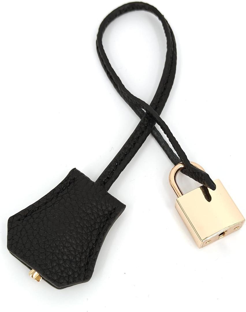 Genuine Leather Key Clochette Bag Charm, Bell Key Holder, Purse Keychain, Handbag Accessories Replacement, w/Padlock (Black + Light Gold Padlock)