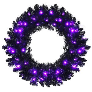 24 in. Pre-Lit Christmas Halloween Wreath Black with 35 Purple LED Lights