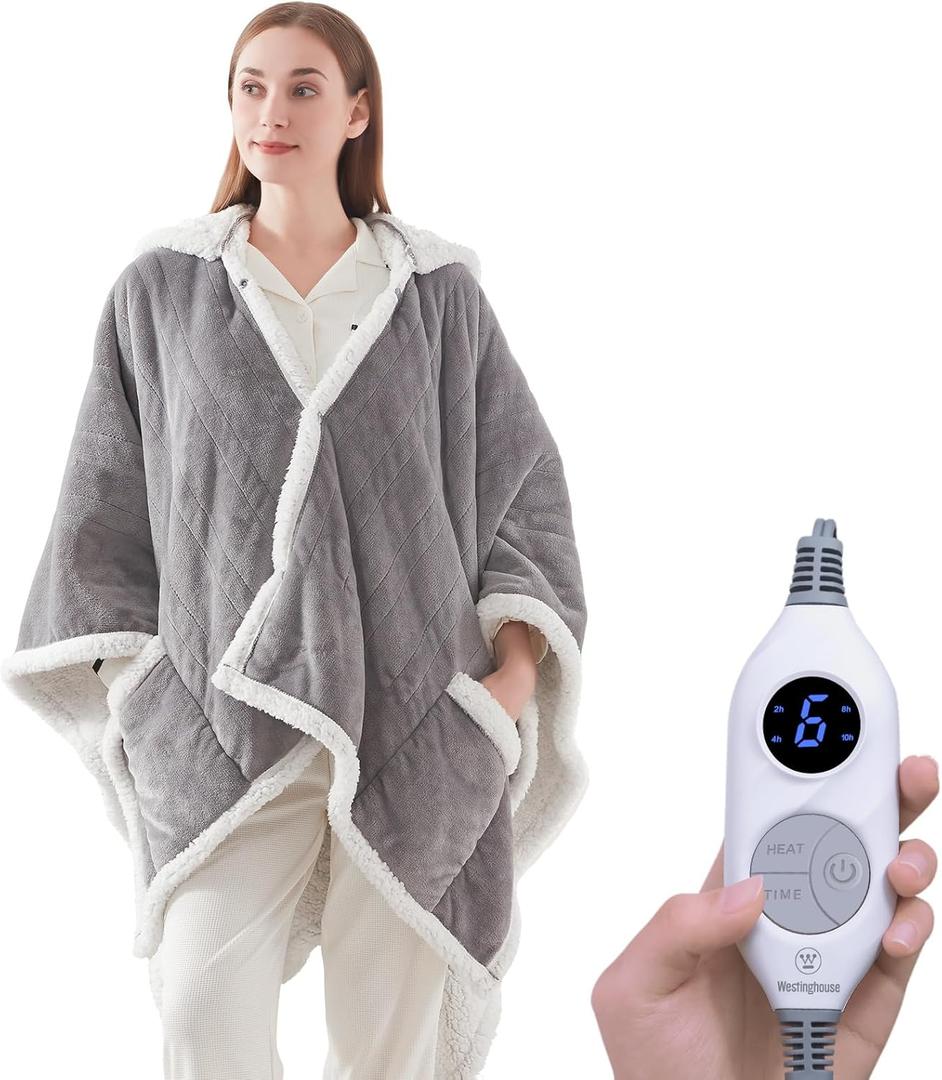 Westinghouse Wearable Heated Throw Blanket, Electric Heated Wrap Poncho Shawl with Pockets, 6 Heating Levels & 2 to 10 Hours Time Settings, 50 x 60 Inch, Light Grey