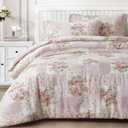 Chezmoi Collection Rosy 3-Piece Full Size Washed Cotton Comforter Set - Floral Bedding Set Ivory Green Pink Flower Polka Dot Printed Patchwork Reversible Lightweight Comforter for All Season