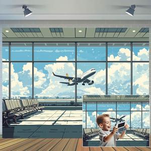 Cartoon Airport Airplane Photography Backdrop, Plane in Departure Area Airport Lounge Terminal Window View Background, Plane Themed Birthday Party Decoration Photoshoot Booth Studio Props 8X6ft