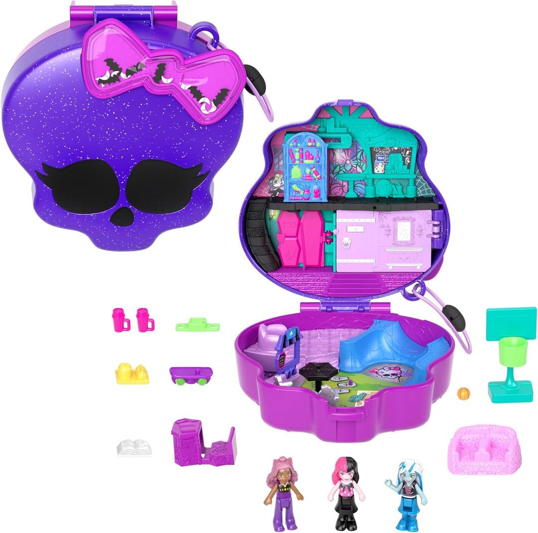 Polly Pocket Monster High Playset with 3 Micro Dolls & 10 Accessories, Opens to High School, Collectible Travel Toy with Storage (Multicolor)
