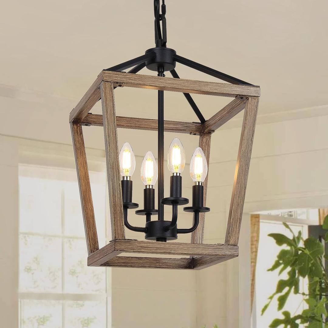 4 Light Farmhouse Chandelier, Rustic Ceiling Light Lantern Light Fixture with Wood Painted Metal Cage and Adjustable Chain, E12 Base Geometric Hanging Light Fixture for Entryway, Kitchen, Indoor (Brown)