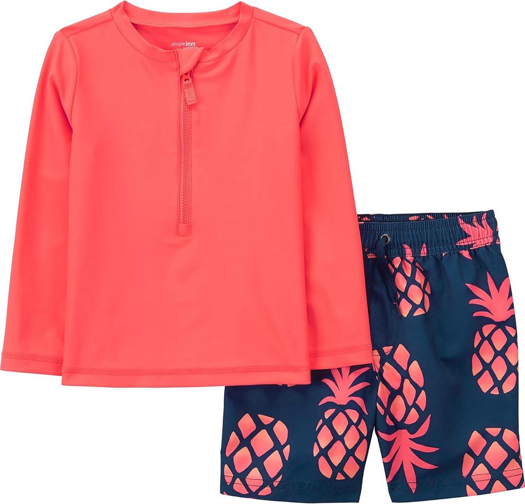 Simple Joys by Carter's Baby Boys' Swimsuit Trunk and Rashguard Set, Coral Orange/ Navy Pineapple, 18 Months