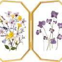 Double Glass Picture Frame Handmade, Glass Pressed Flower Frame, Hinged Tabletop Brass Photo Frames, Dried Flower Display Folding Frame for Home, Octagon, Gold, 46 Inches (4L" x 6W")