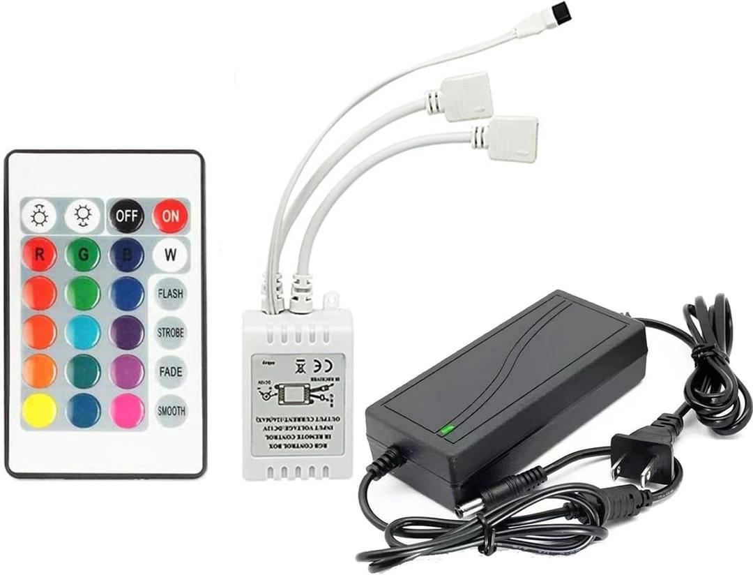 24 Key LED Strip Controller, Wireless Rectifier Control Box, IR Remote Controller, DC 12V 5A Power Supply Plug Adapter for 2835 3528 5050 RGB LED Strip Lights(2 Ports)