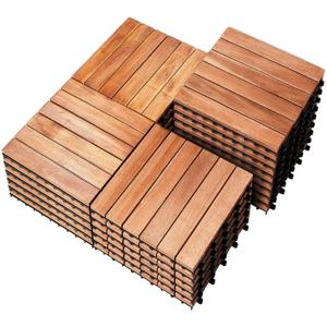 PrimeZone 27 PCS Solid Acacia Wood Interlocking Patio Deck Tiles - 12" x 12" Indoor Outdoor Waterproof Flooring Tiles for Balcony, Backyard, Garden & Poolside, All Weather Use, Natural Wood