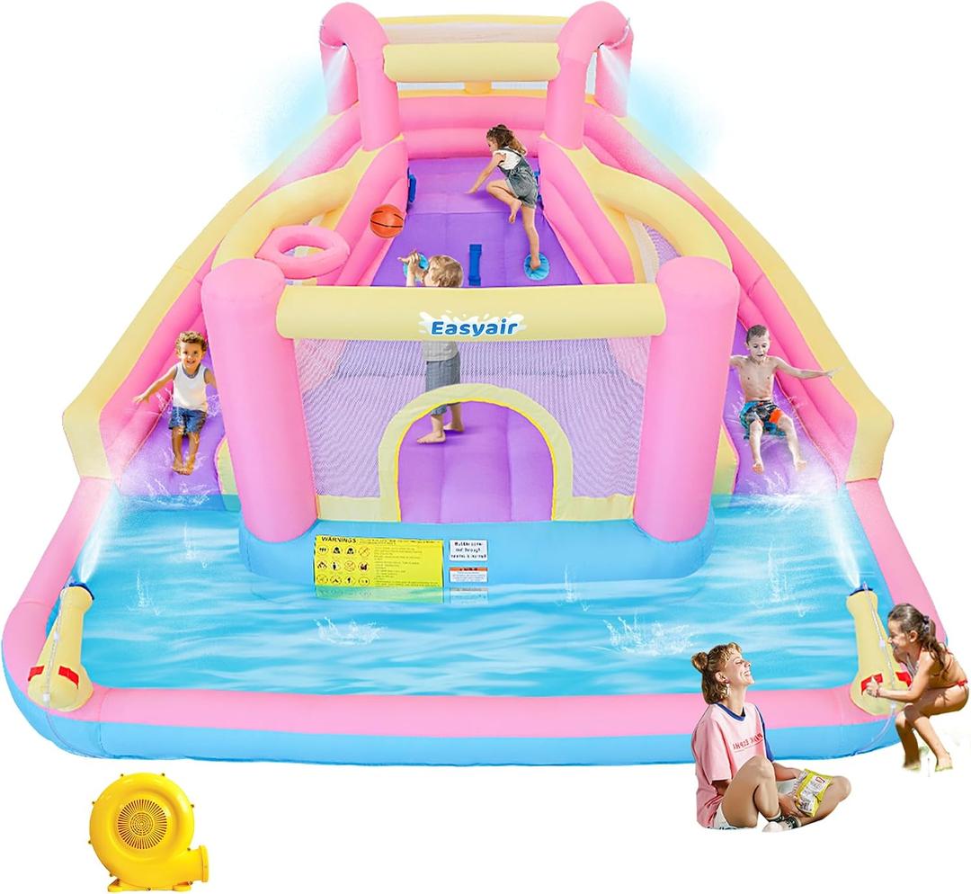 Inflatable Water Slide Bounce House for Kids, 12.1 FT x 10.3 FT Small Water Park Bouncy Castle, Double Slides, Jumper, Climbing Wall, Basketball Hoops, Included Blower, 145" L x 123.5" W x 72.8" H