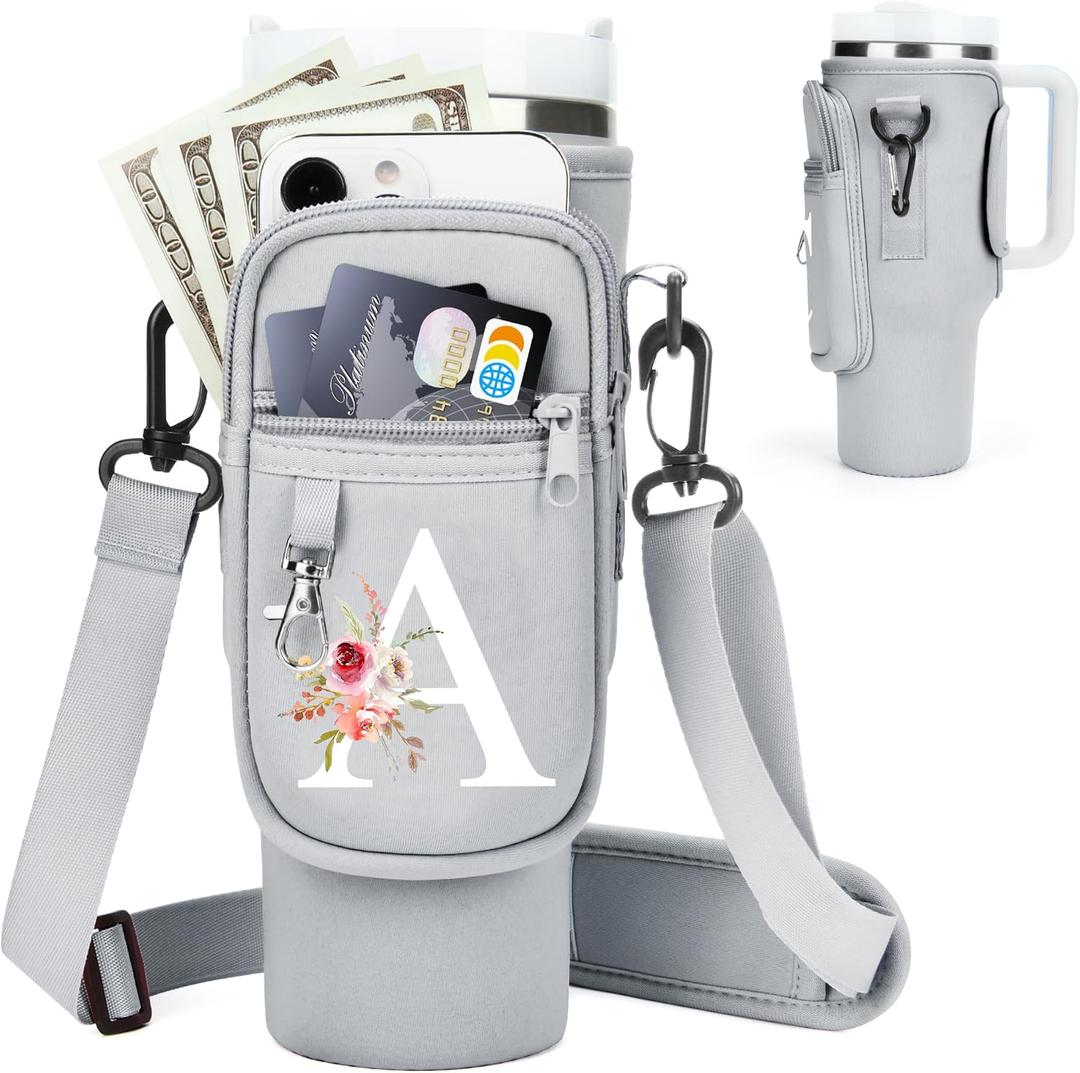 Initial Water Bottle Holder with Strap for Stanley 40 oz Tumbler/Simple Modern 40 oz Tumbler,Water Bottle Carrier Bag with Strap,Personalized A-Z Phone Pocket for Stanley Cup Accessories (Grey)