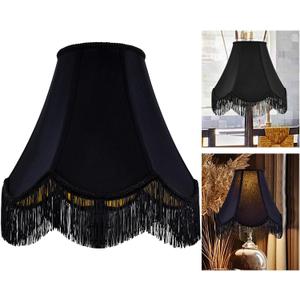 GO&SO Black Silk Bell Lamp Shades Petal Edge Braid with Black Fringe Trim, 6"x13"x10.6"(Spider), Classic Scalloped Lamps Shade Hand Crafted, Replacement Lamp Shades for Table,Floor Lamps,Easy Assembly