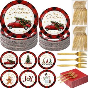 Layhit 480 Pcs Christmas Party Supplies Christmas Disposable Black and Red Plaid Plates, 9 Inch 7 Inch Snowman Gingerbread Tree Gnome Round Plates Napkins and Forks for Birthday Party