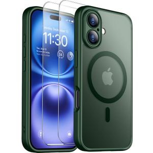 SPIDERCASE Magnetic for iPhone 16 Plus Case,with 2 Pcs [Tempered Glass Screen Protector] Translucent Matte Back Slim Shockproof Protective Phone Case for iPhone 16 Plus 6.7'',Green